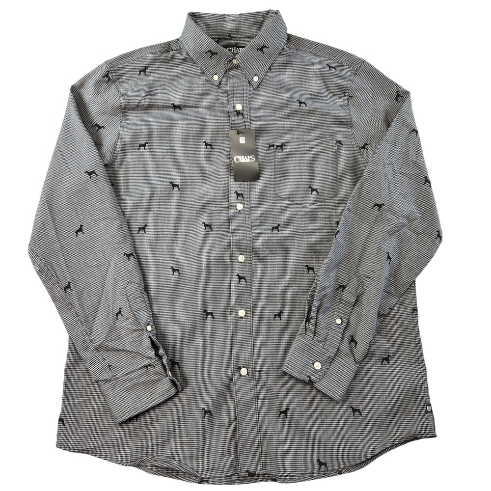 Chaps Shirt Mens L‎ Gray Check Long Sleeve Button Up Stretch Embroidered Pockets